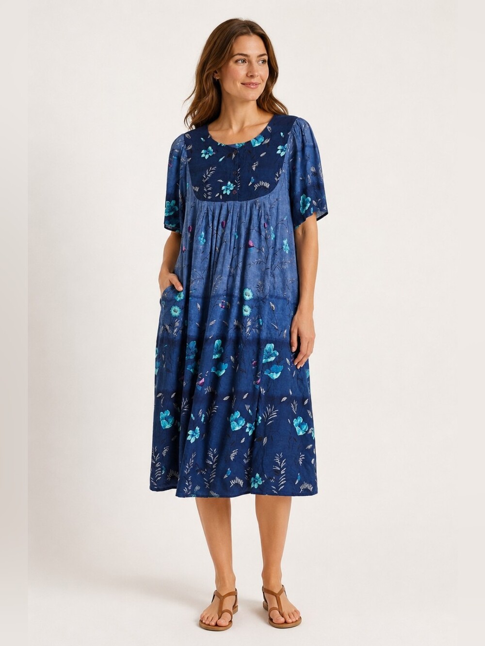 Vermont Country Store Vintage Blue Floral House Coat Dress Muumuu Kaftan Large